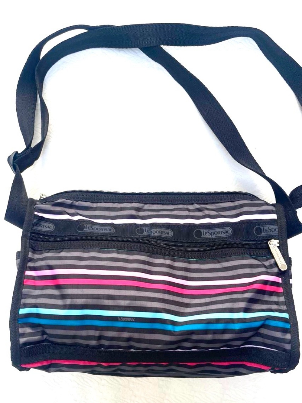 Lesportsac Black Crossbody Bag with Pink & Blue Stripes